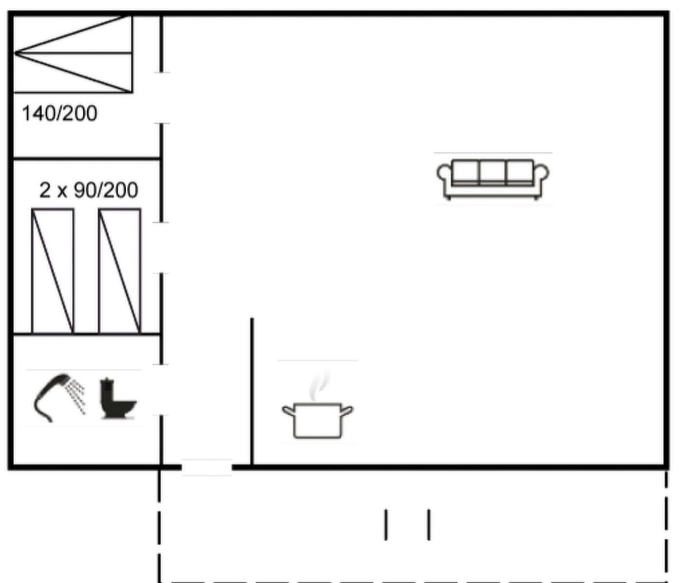 Distribución de una habitación con sofá, zona de cocina con estufa y baño.