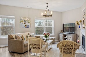 TV connectée, cheminée, livres, espaces bureaux