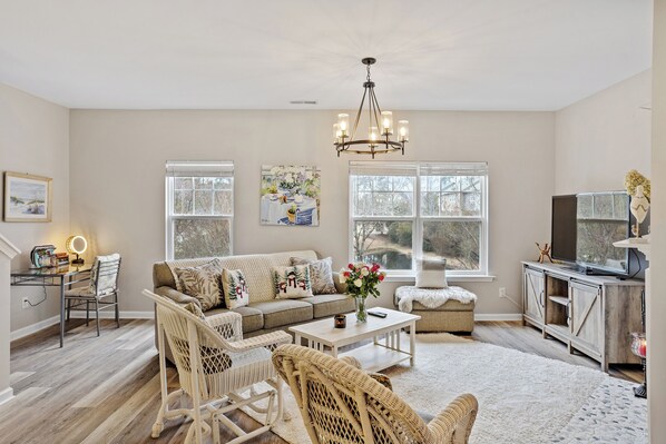 TV connectée, cheminée, livres, espaces bureaux