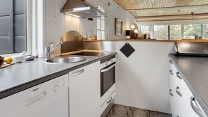 A modern kitchen with a Bosch dishwasher, stainless steel appliances, and a wooden ceiling.