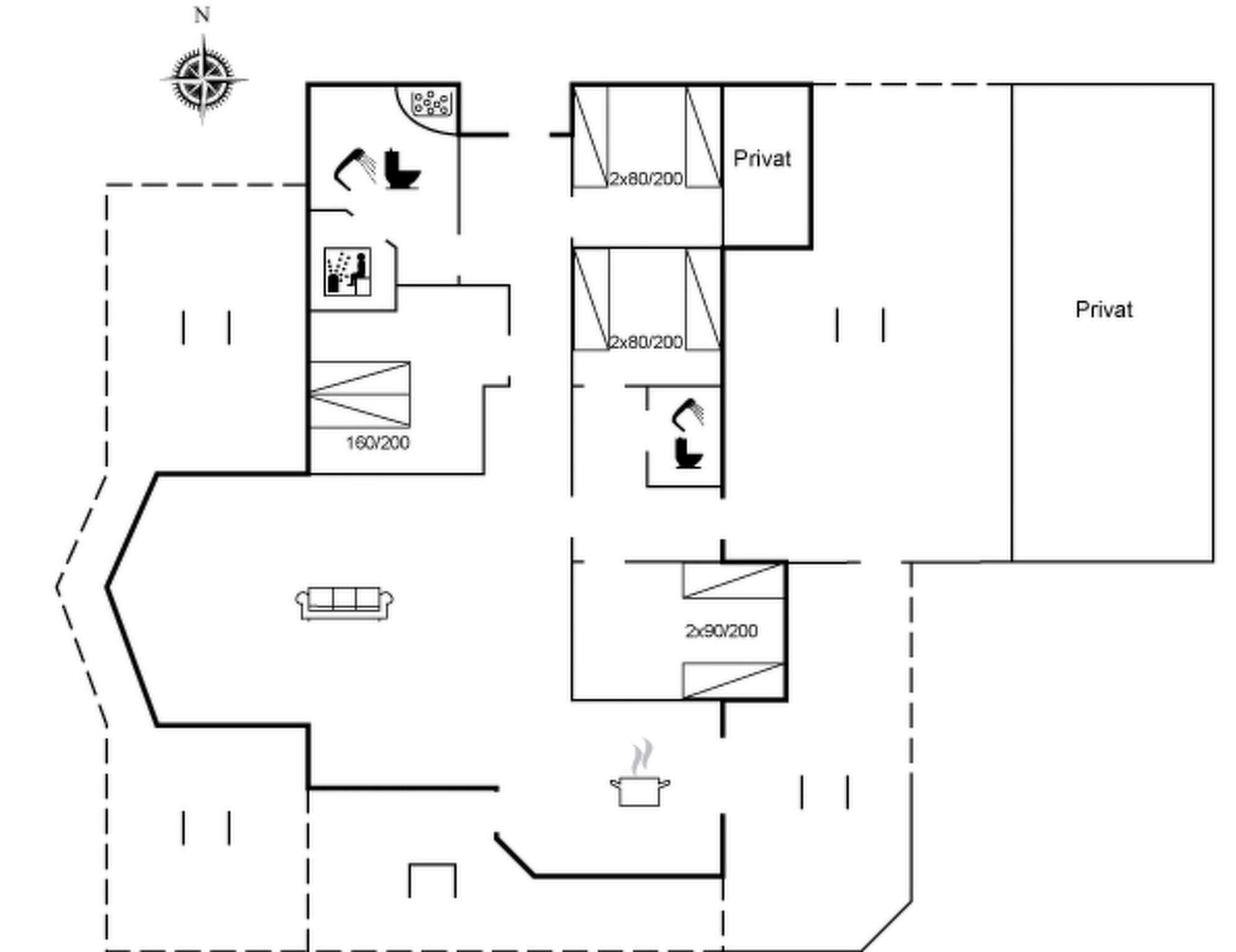 Un plan d  ’étage comprenant une salle de bain privative, une kitchenette et un espace de vie avec un canapé.