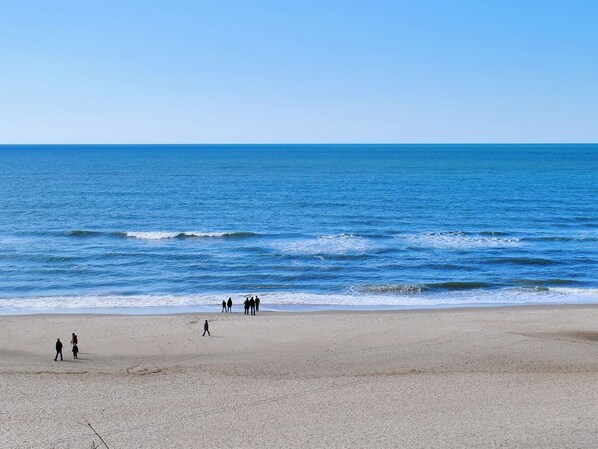 A beach with people walking along the shore.