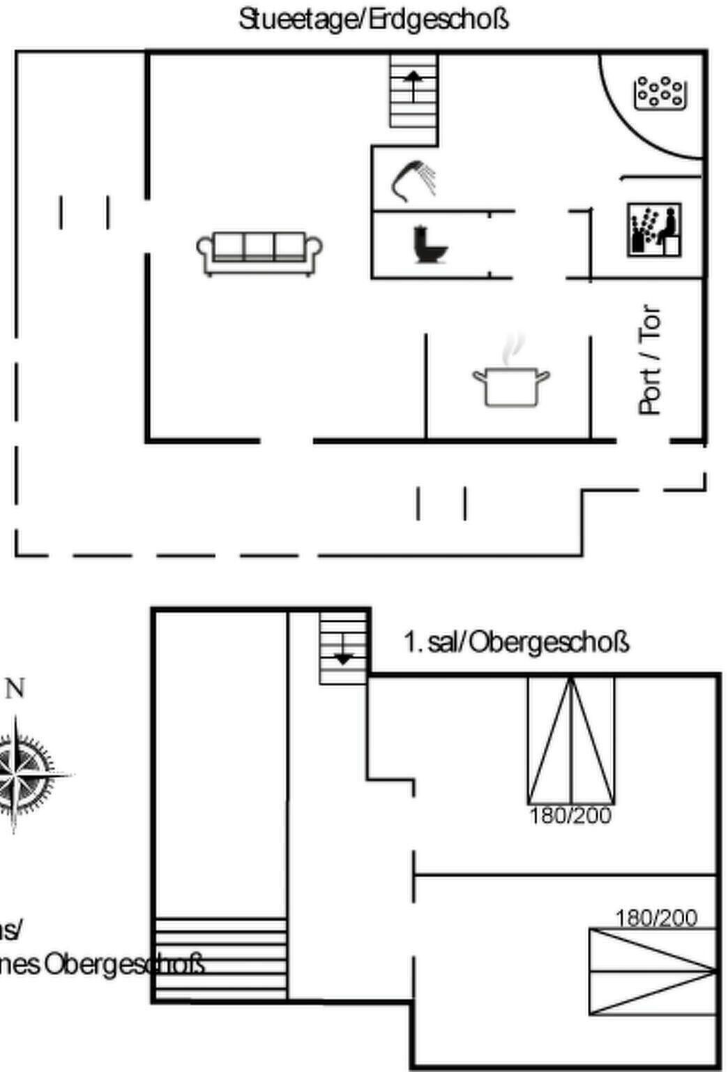 A floor plan with a kitchenette, a bathroom, and a bedroom.