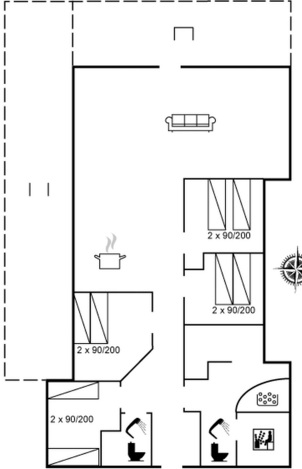A floor plan with a kitchen, two bathrooms, a living area, and a dining area.