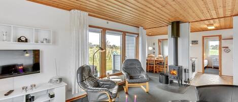 Una televisión, una chimenea, un reproductor de DVD