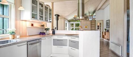 Fridge, oven, dishwasher, cookware/dishes/utensils