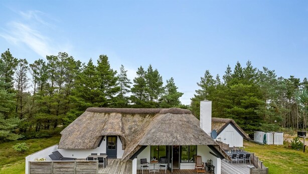 A thatched-roof house with a wooden deck and a white exterior.