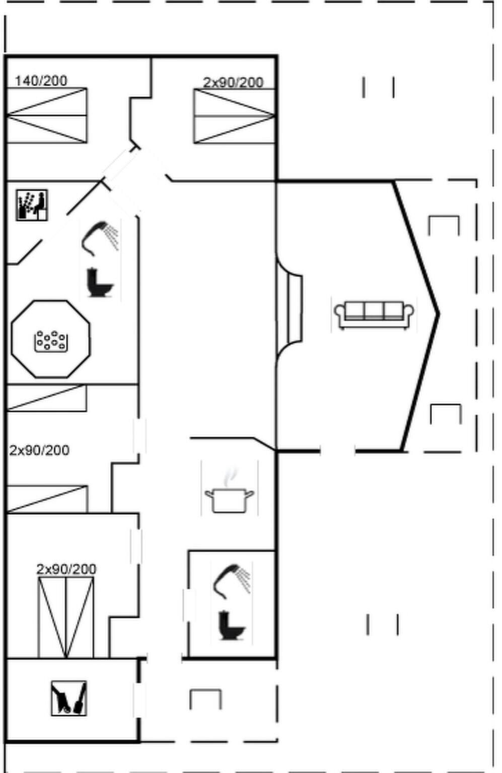 A hotel floor plan with multiple rooms, a kitchen, and a bathroom.