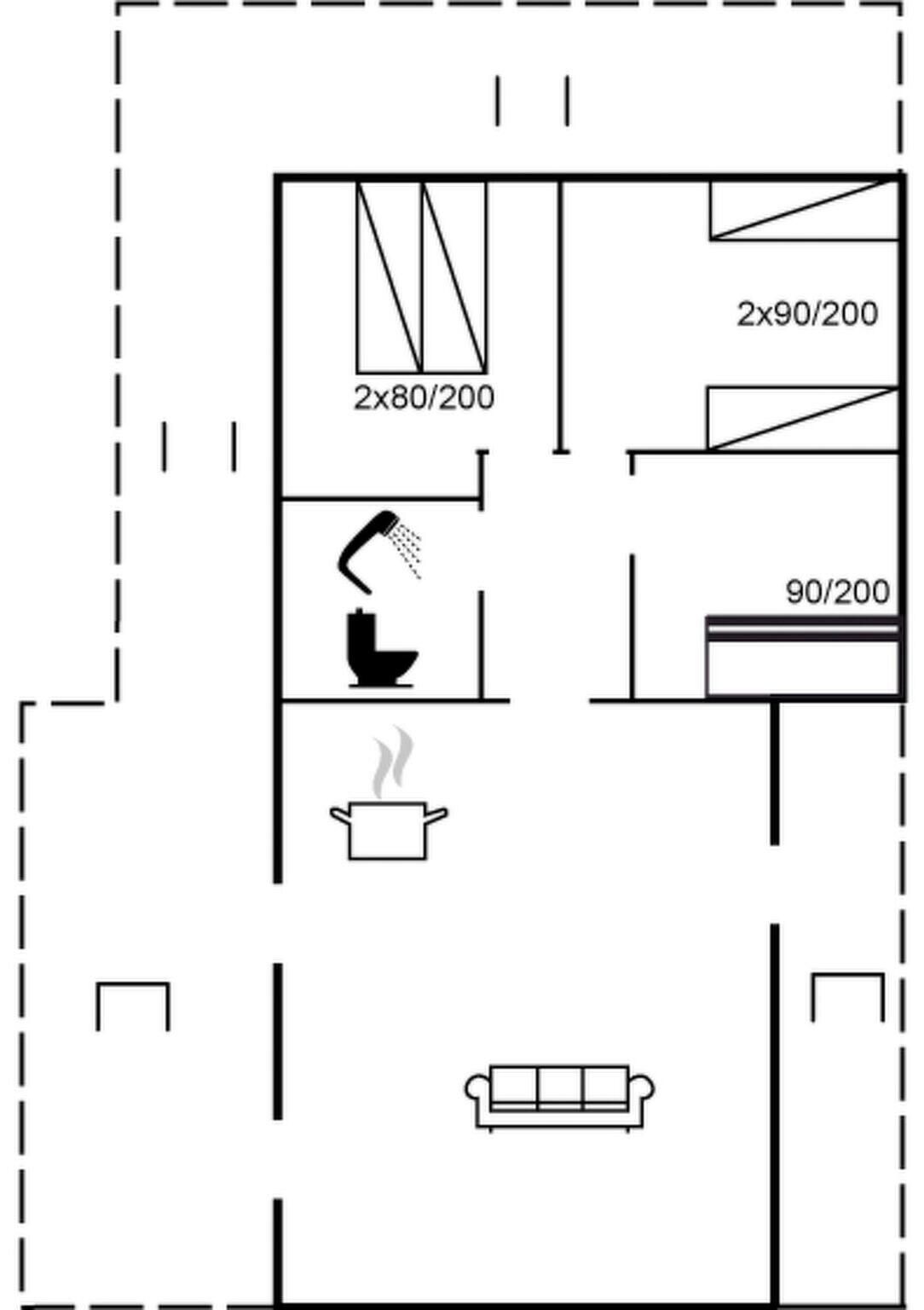A floor plan with a kitchen, a dining area, and a living room.