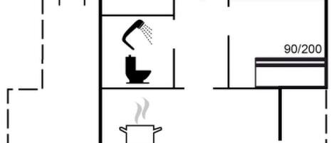 A floor plan with a kitchen, a dining area, and a living room.