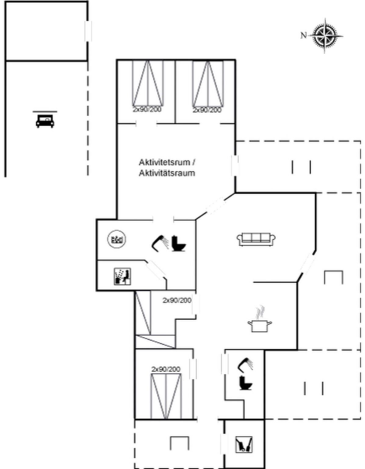 Un plan d’étage d’hôtel comprenant une salle de sport, une kitchenette et un espace repas.