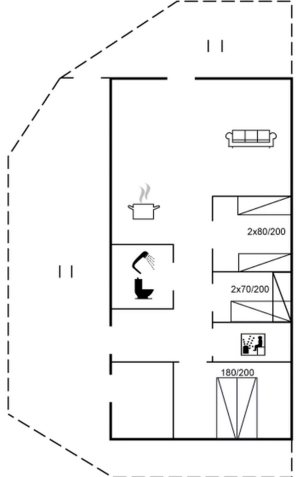 Planta baixa com cozinha compacta, banheiro, área de estar e pequeno espaço de jantar.