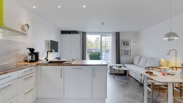 Fridge, oven, dishwasher, high chair