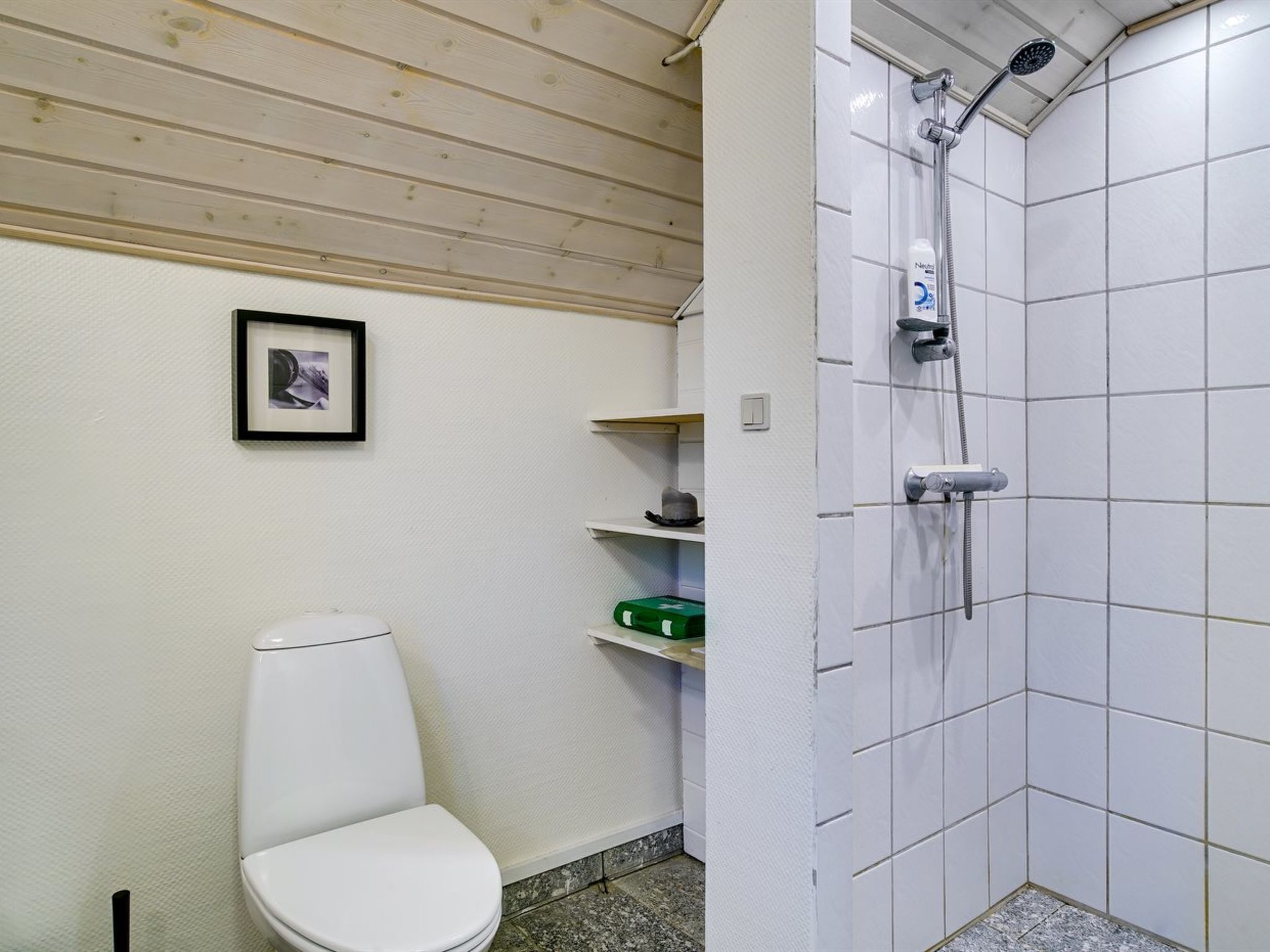A bathroom with a white toilet, a framed picture on the wall, and a shower area with white tiles.