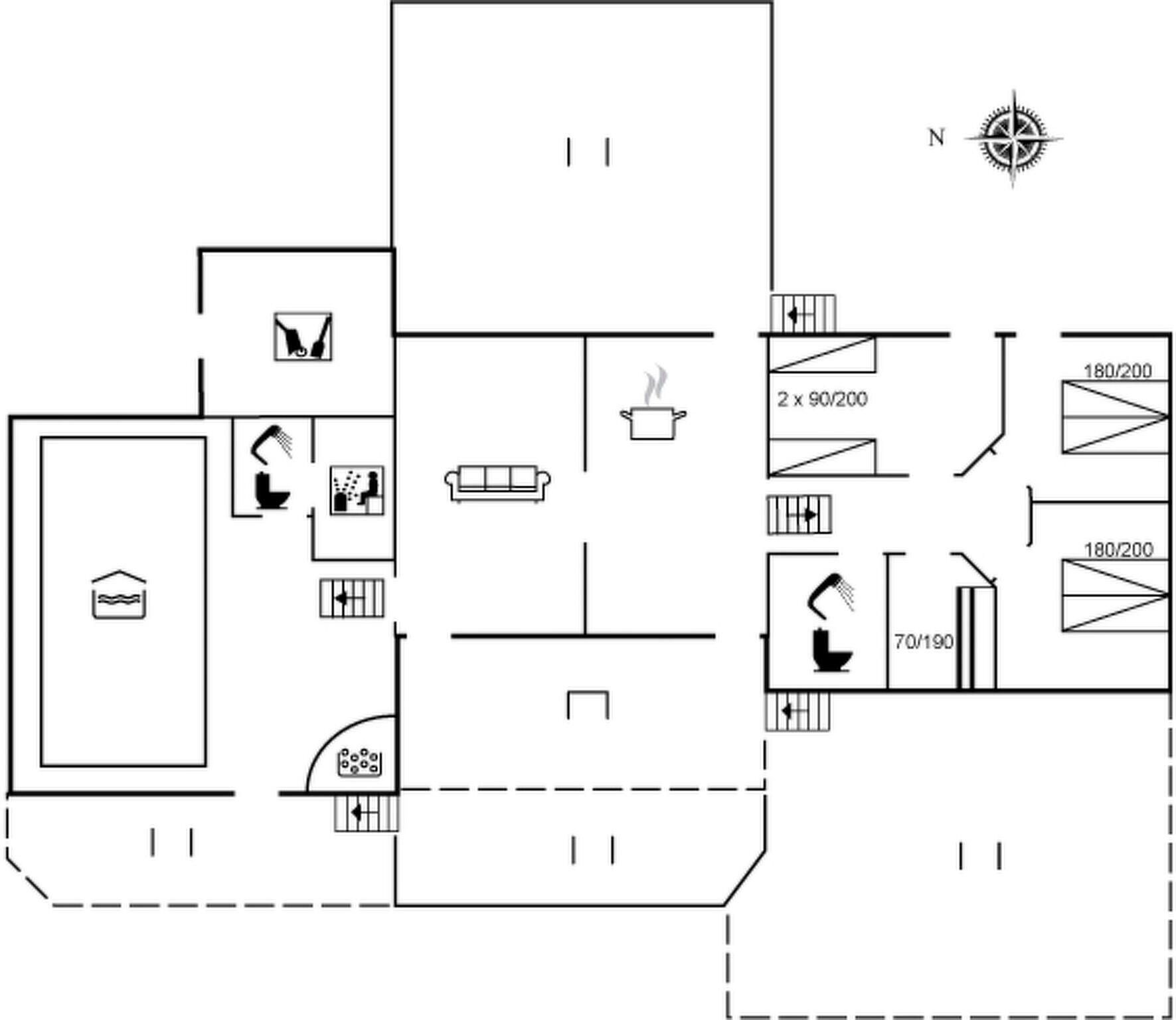 A floor plan with a kitchen, dining area, and two bedrooms.