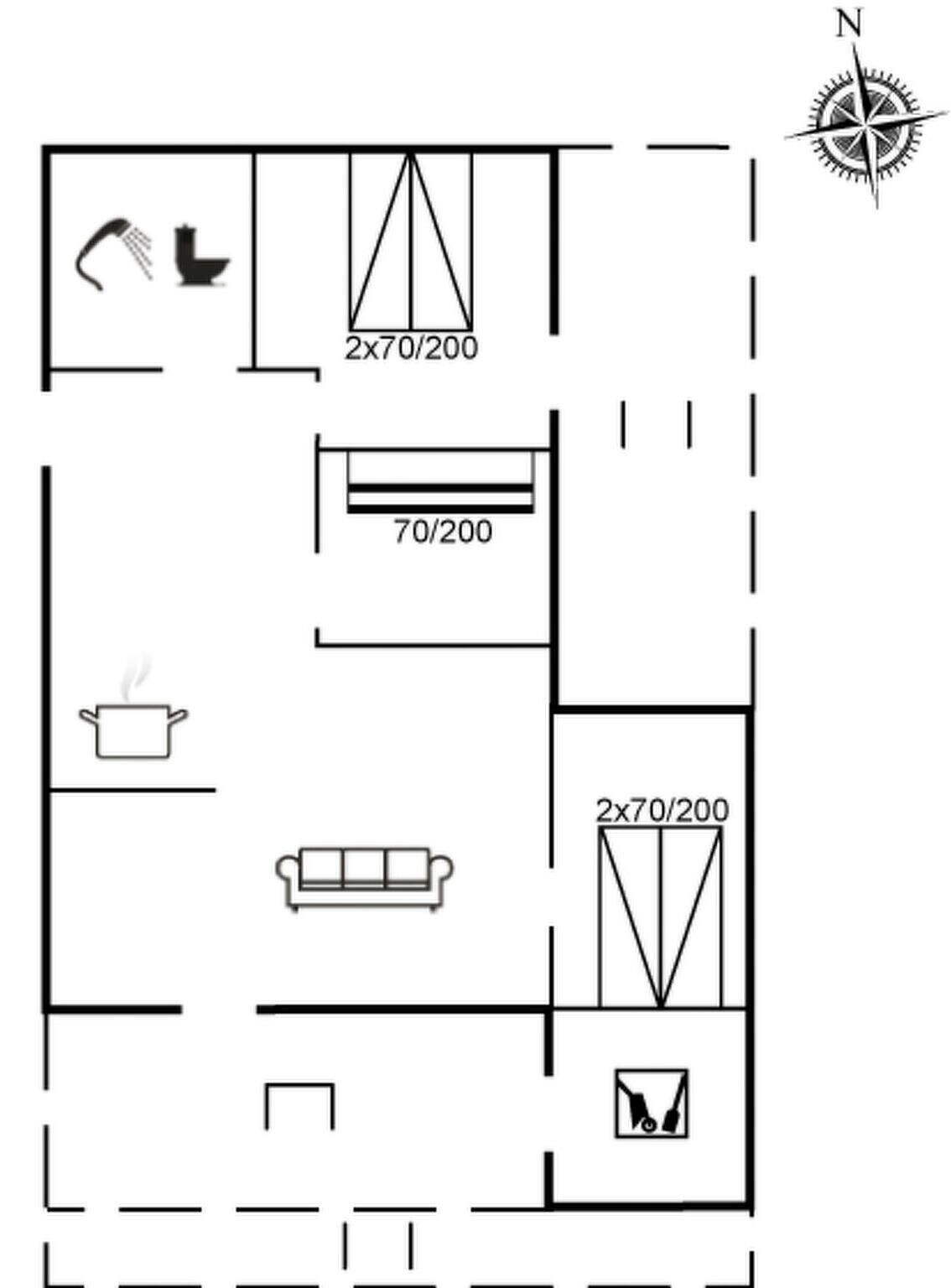 A floor plan with a kitchen, two bathrooms, a living area, and a dining area.