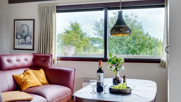 Un salon avec un canapé en cuir rouge, une table basse ronde en bois, une bouteille de vin et un vase rempli de fleurs.