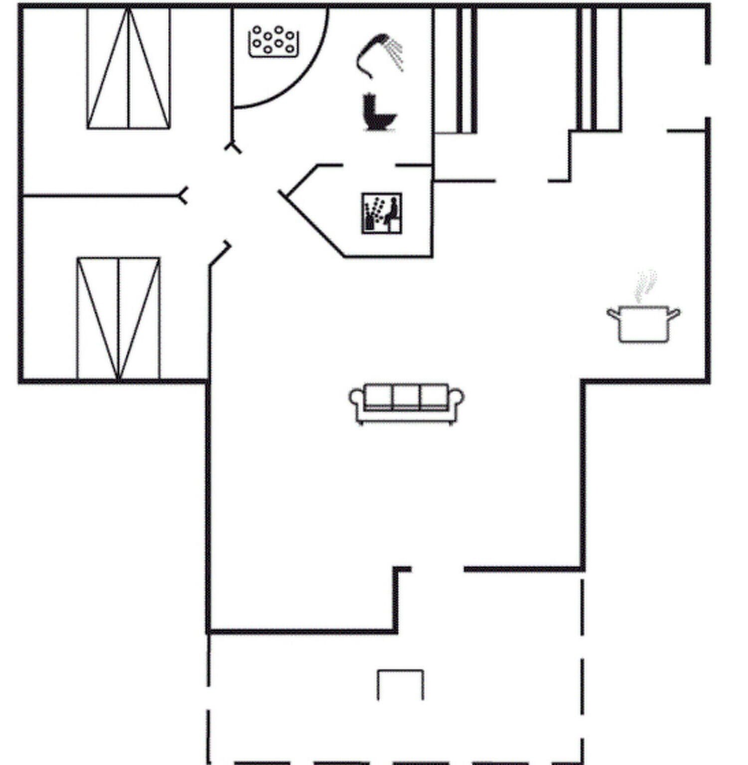 A floor plan with a living area, kitchen, and a bathroom.