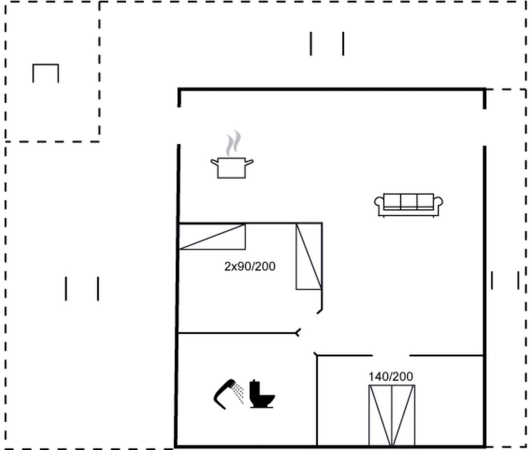 Plano de planta con kitchenette, zona de estar y baño.