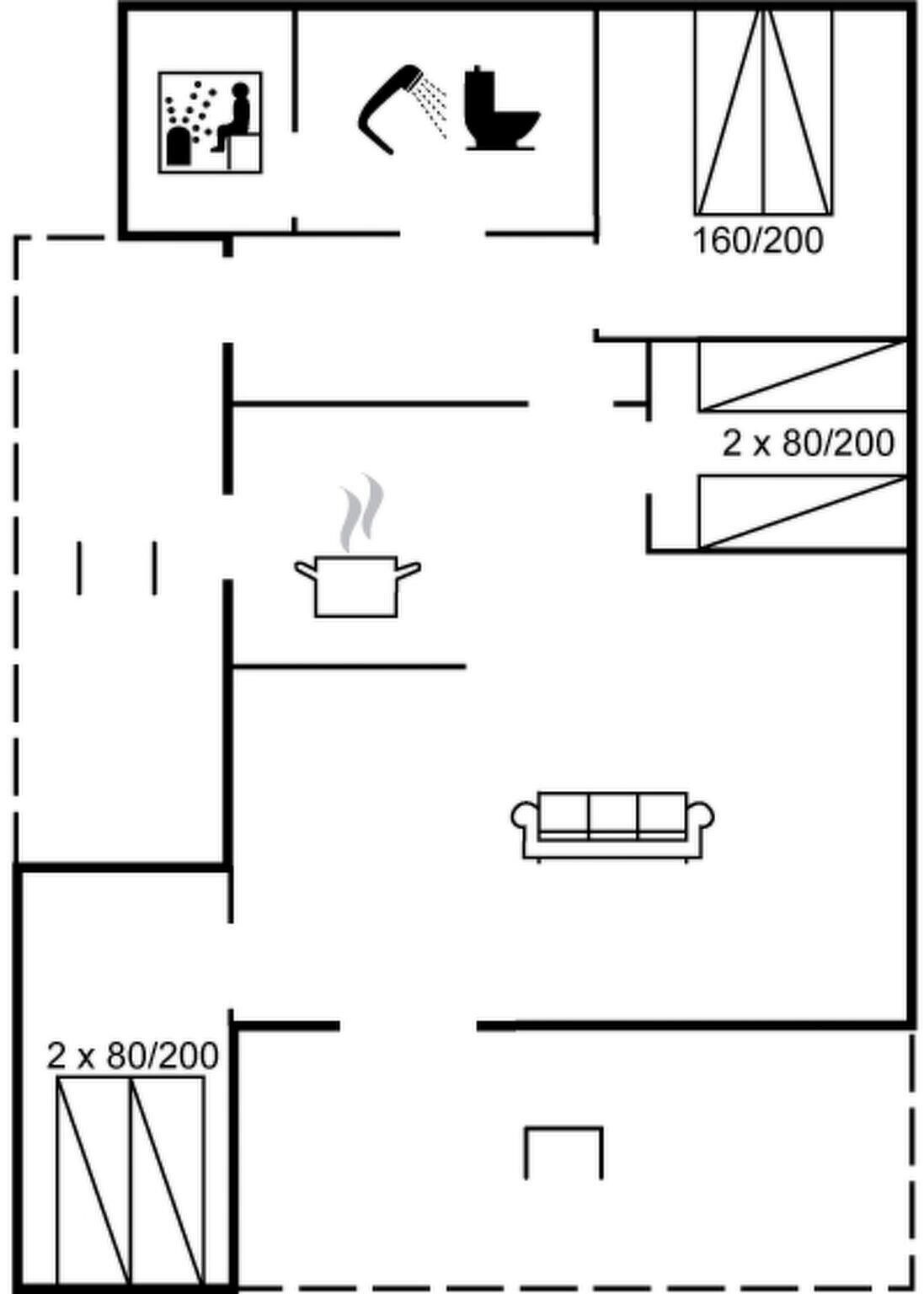 A floor plan with a kitchen, a dining area, a living room, and two bedrooms.