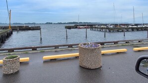 Un port de plaisance avec des bateaux amarrés, une jetée en bois et une rambarde dotée de poteaux jaunes.
