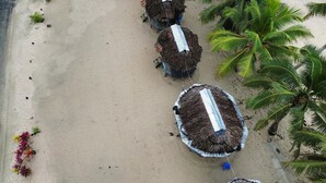 A sandy beach with thatched huts and palm trees. - Jaymy Beach Fales (Saleapaga)