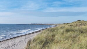 Een strand met een zandstrand en grasduinen.