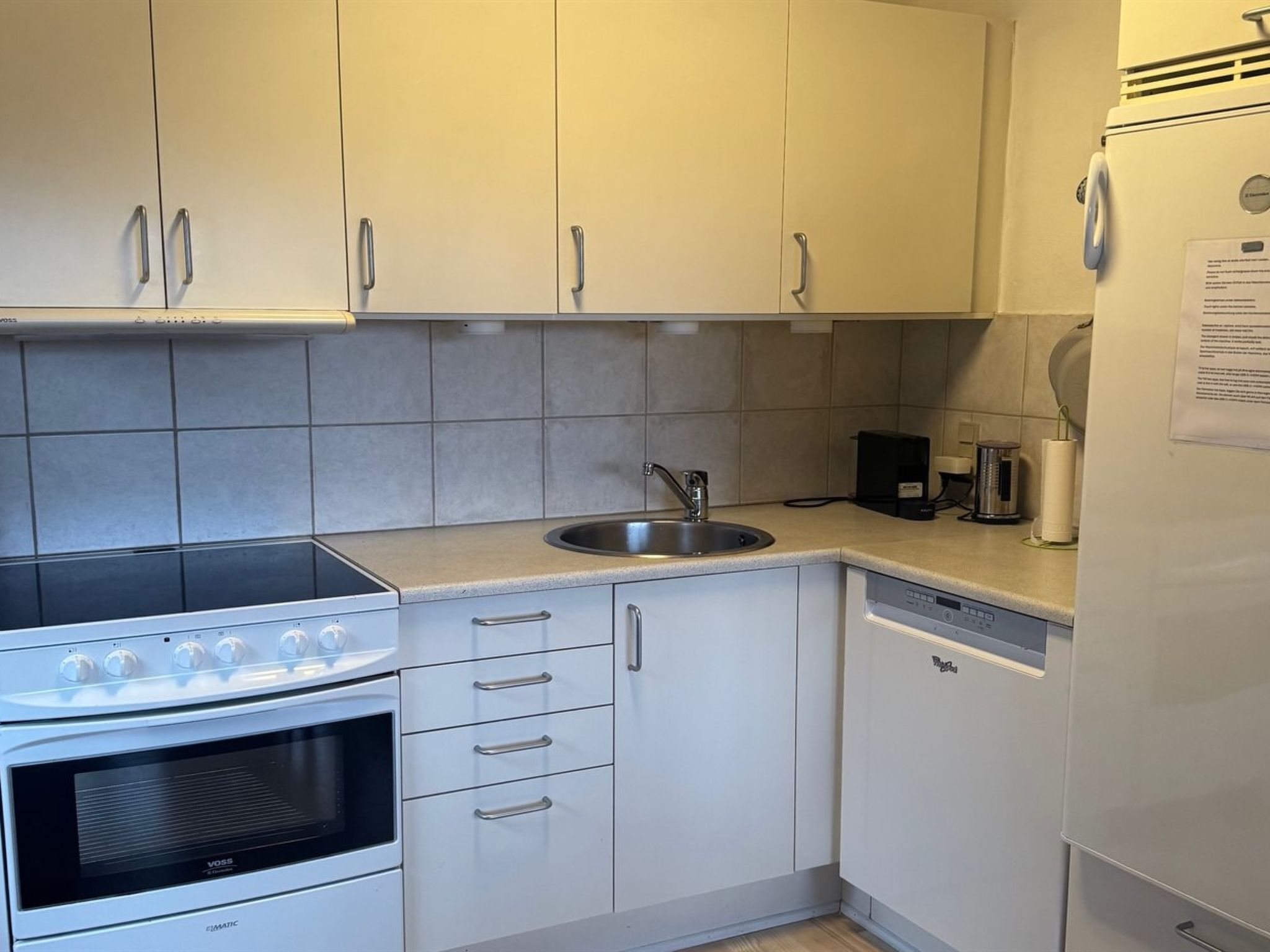 Fridge, oven, dishwasher, high chair