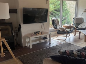 A living room with a TV, a fireplace, a sofa, and a chair.