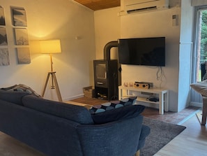 A living room with a sofa, a lamp, a TV, a fireplace, and a window.