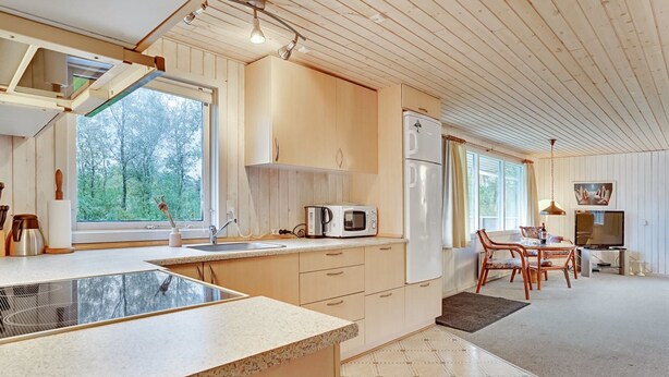 A modern kitchen with wooden cabinets, a built-in microwave, and a large window. - "Leny" - 450m to the fjord by Interhome (Tarm)