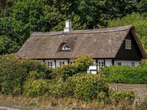 Une maison traditionnelle à toit de chaume, dotée d’une cheminée et entourée d’une végétation luxuriante.