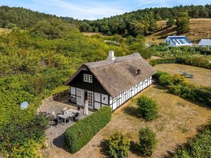 Een huis met een rieten dak, een klein terras en een tuin.