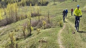 A group of cyclists on a grassy trail with trees and hills in the background. - "Eva" - 1.5km to the fjord by Interhome (Knebel)