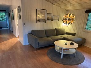 A modern living room with a grey sofa, a round coffee table, and a hanging light fixture.