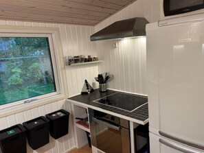 A compact kitchen with a built-in stove, a microwave, and a refrigerator. There are two trash bins and a window with a view of greenery outside.
