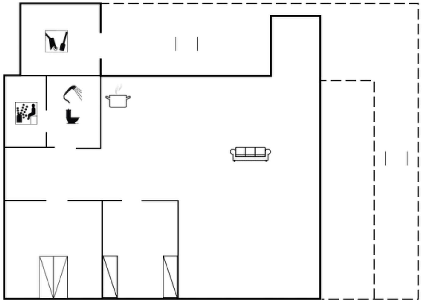 Een plattegrond met een woonkamer, een keuken en een badkamer.