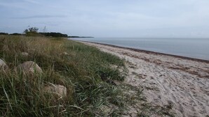 A beach with sand and grass, a calm sea, and a cloudy sky.