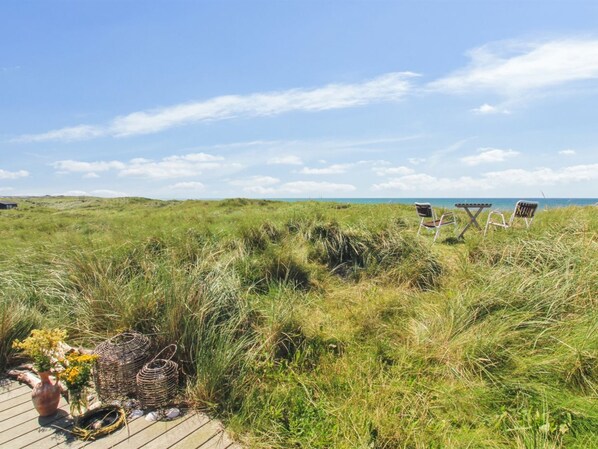 Une scène de plage avec une terrasse en bois, des chaises et un panier en osier rempli de fleurs.