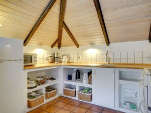 Fridge, microwave, cookware/dishes/utensils