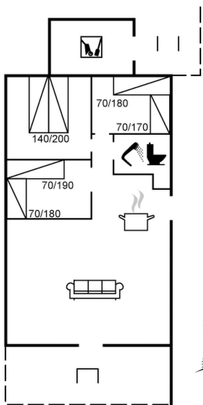 Ein Grundriss mit einer Küchenzeile, einem Badezimmer und einer Sitzecke.