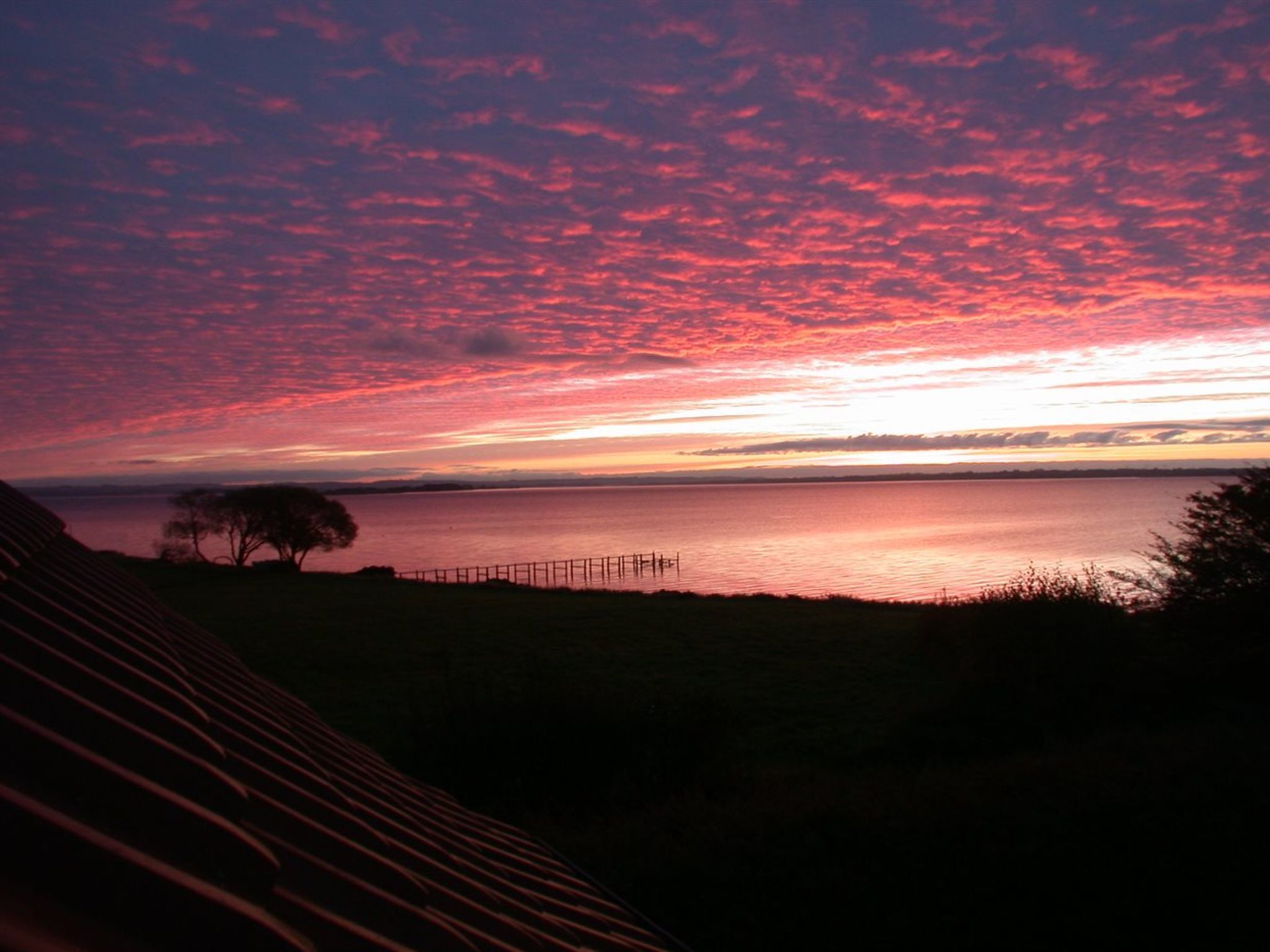A sunset over a calm body of water with a fence and trees in the foreground.