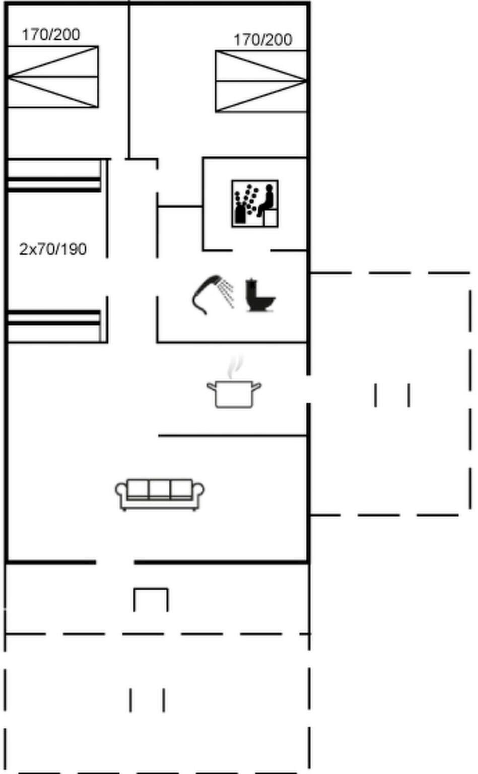 Un plan d’étage comprenant une salle de bain avec toilettes, douche, lavabo et un coin salon.