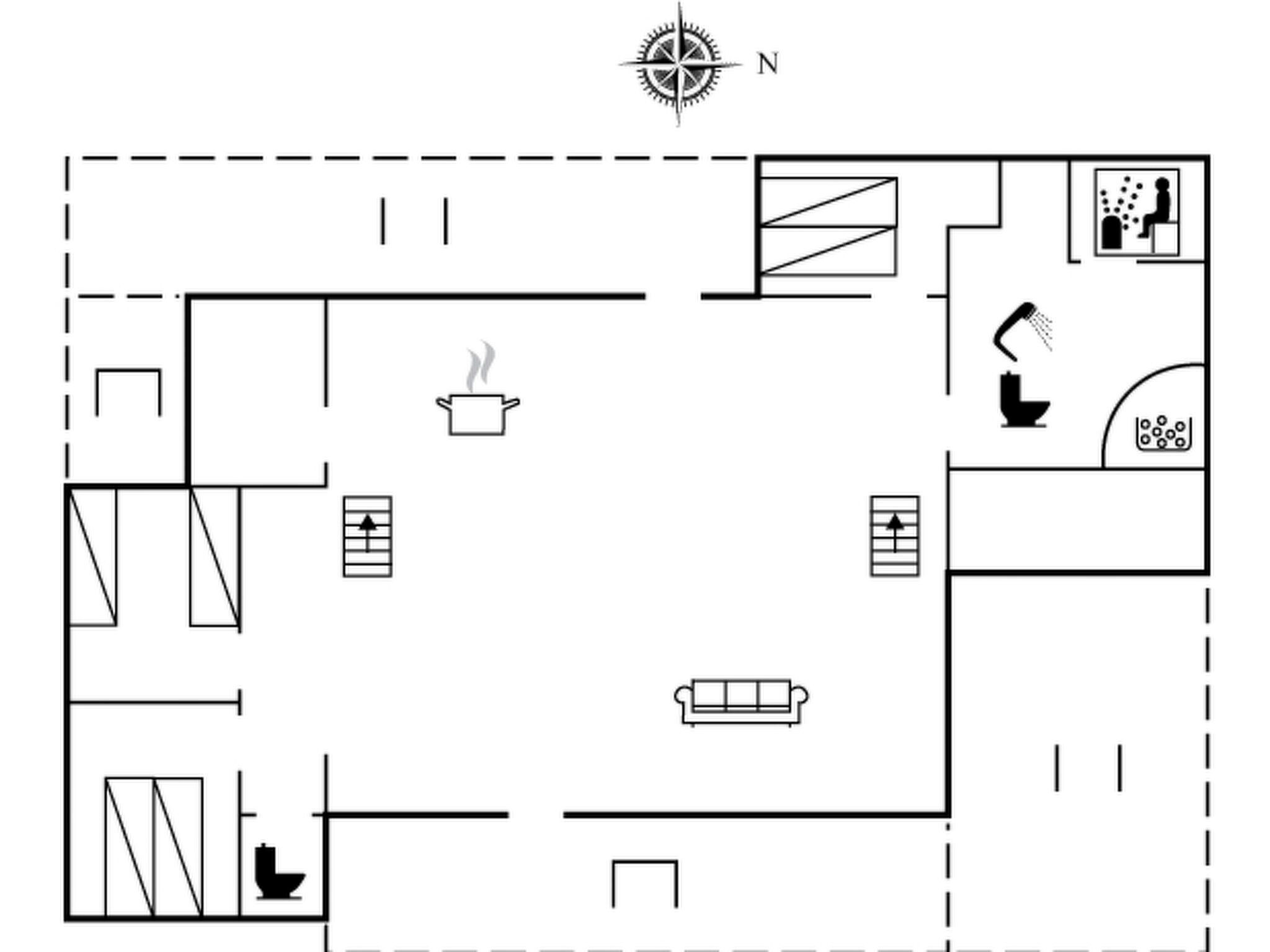 A floor plan with a kitchen, a dining area, a bathroom, and a living room.