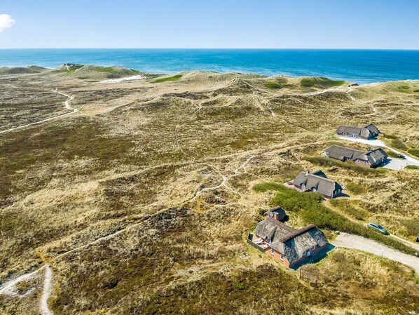 A coastal landscape with dune houses and a clear view of the sea.