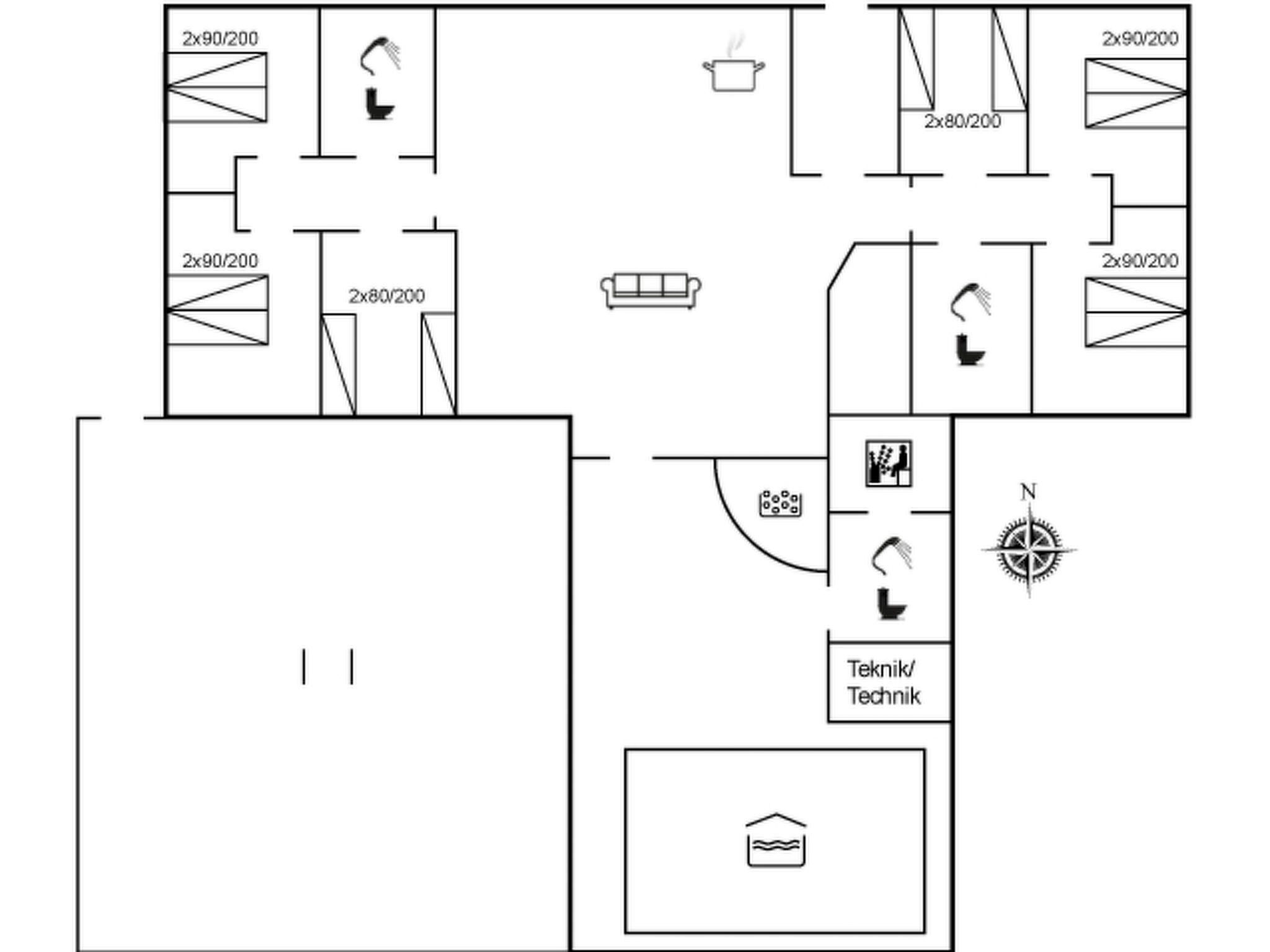 A hotel floor plan with multiple rooms, a kitchenette, a bathroom, and a small outdoor area.