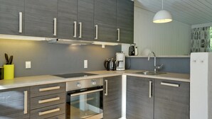 A modern kitchen with grey cabinetry, a built-in oven, a sink, and a coffee maker. - "Bergit" - 55m from the sea by Interhome (Væggerløse)