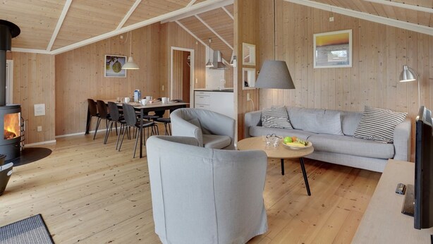 Ein gemütliches Wohnzimmer mit Sofa, Esstisch mit Stühlen, Kamin und Fernseher.