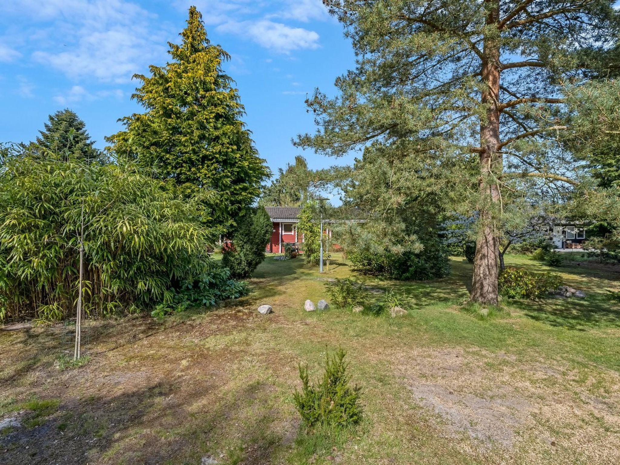 Ein Garten mit verschiedenen Bäumen und Sträuchern, ein kleines rotes Gebäude und ein klarer Himmel.