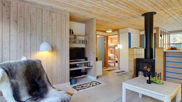 A cozy living room with a fireplace, a bookshelf, and a comfortable chair. - "Robert" - 250m from the sea by Interhome (Væggerløse)